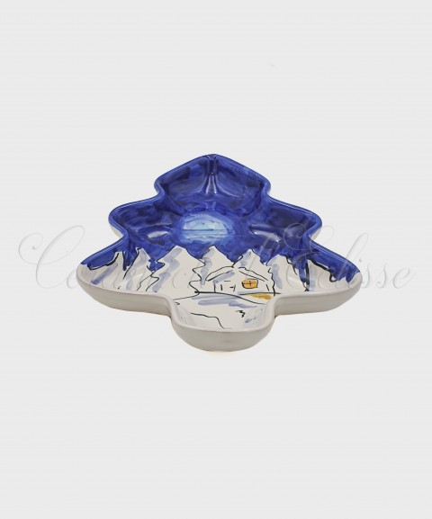 Piatto Natalizio in ceramica di vietri ad Albero di Natale Paesaggio Innevato blu