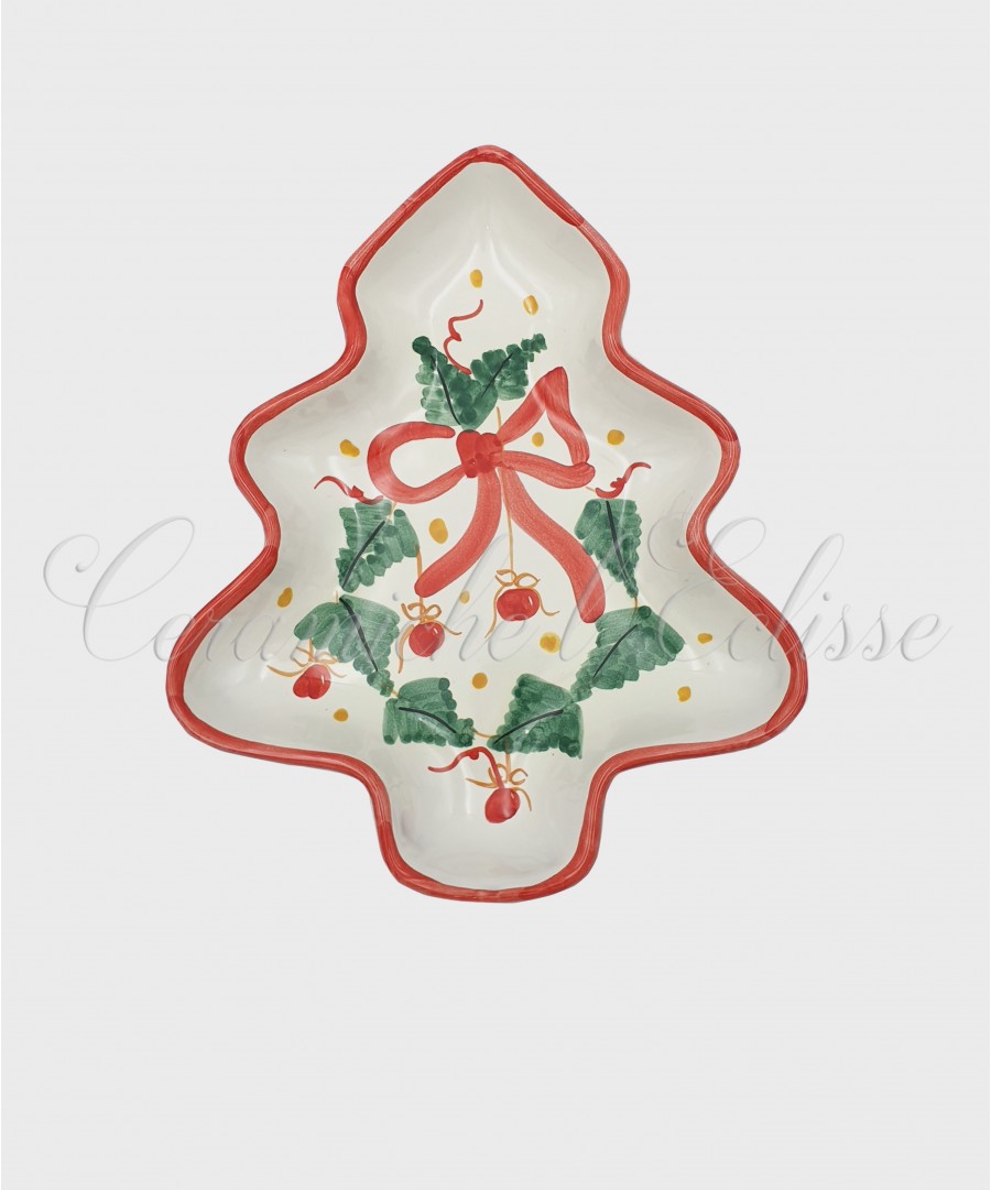 Piatto Natalizio in ceramica di vietri ad Albero di Natale Fiocco Rosso frontale