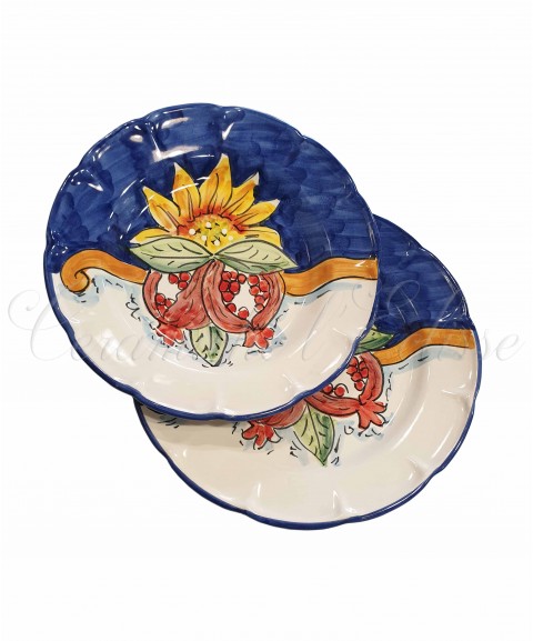 Piatto in ceramica di vietri girasole e frutta blu con melograno