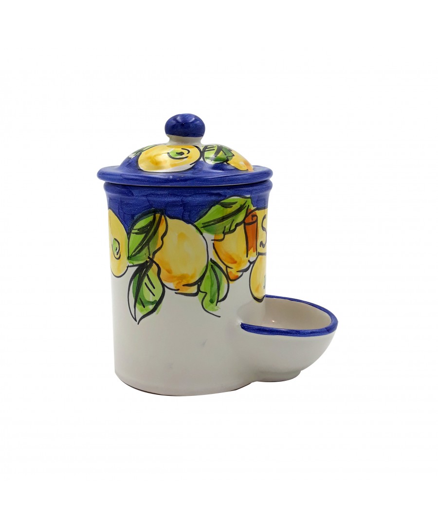 Barattolo Portasale in ceramica di Vietri con vaschetta autoriempiente limoni blu