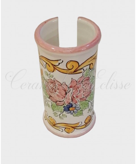 Dispenser Porta Bicchieri in ceramica di Vietri Cilindrico Decorato a Mano bouquet rosa