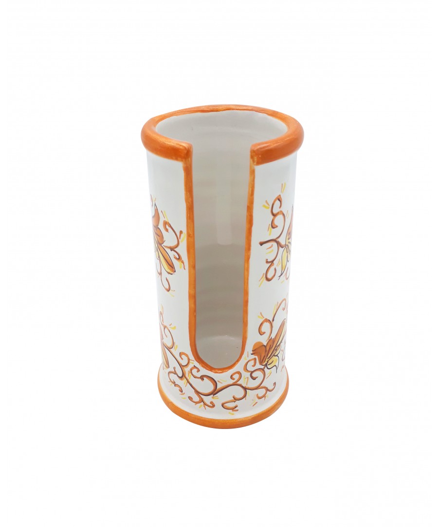 Dispenser Porta Bicchieri in ceramica di Vietri Cilindrico Decorato a Mano Tralcio  Arancione